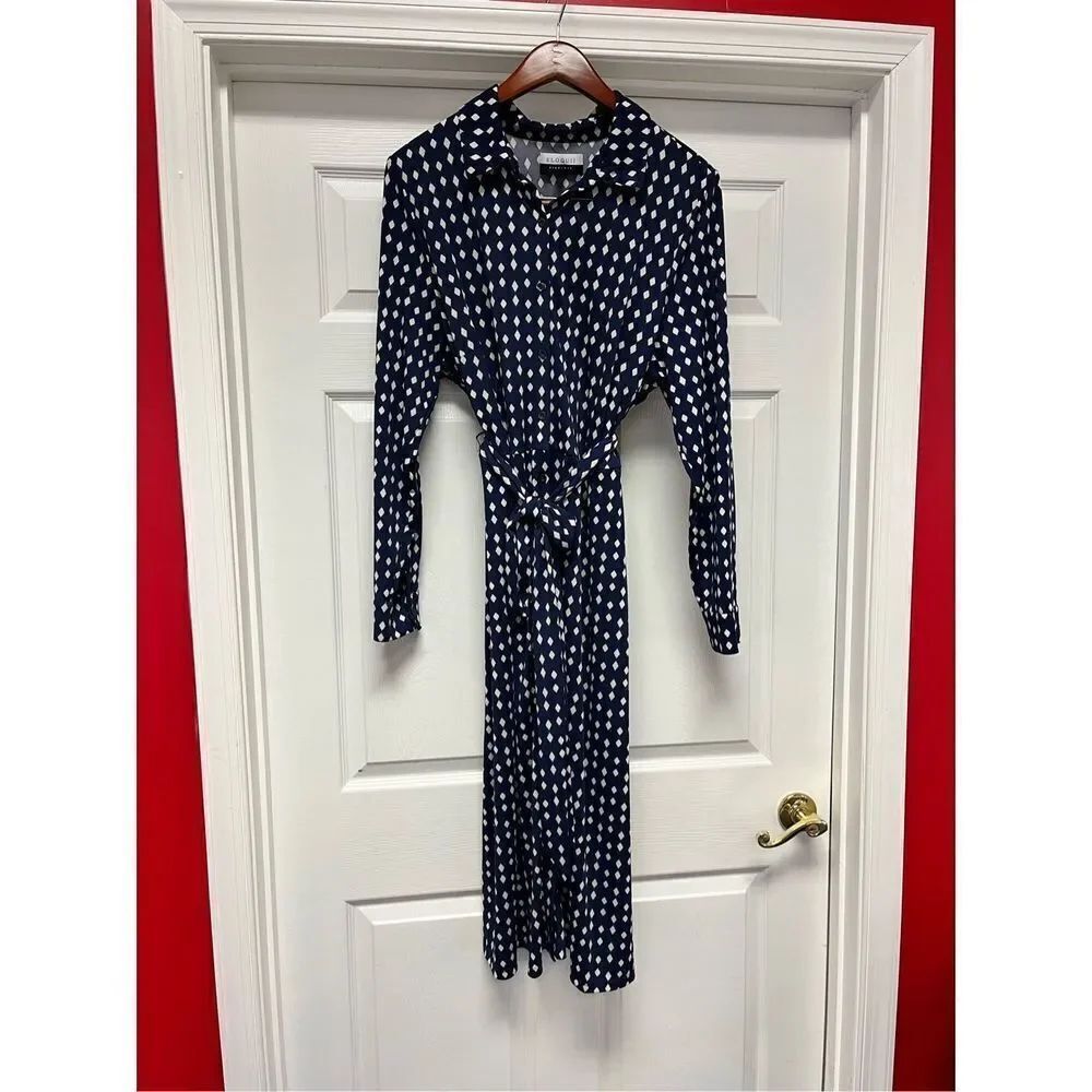 Eloquii Elements Navy & White Print Button Down Belted Shirt Dress sz 22